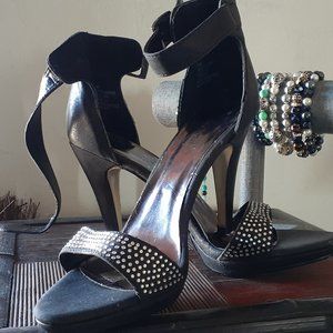 Strappy black sequined open-toe heels, Size 10